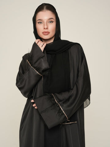 Timeless Black Feather-Trimmed Abaya with Subtle Glam