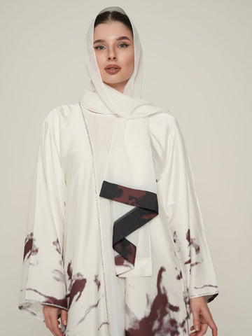 Elegant Marble-Print Abaya with Belted Design