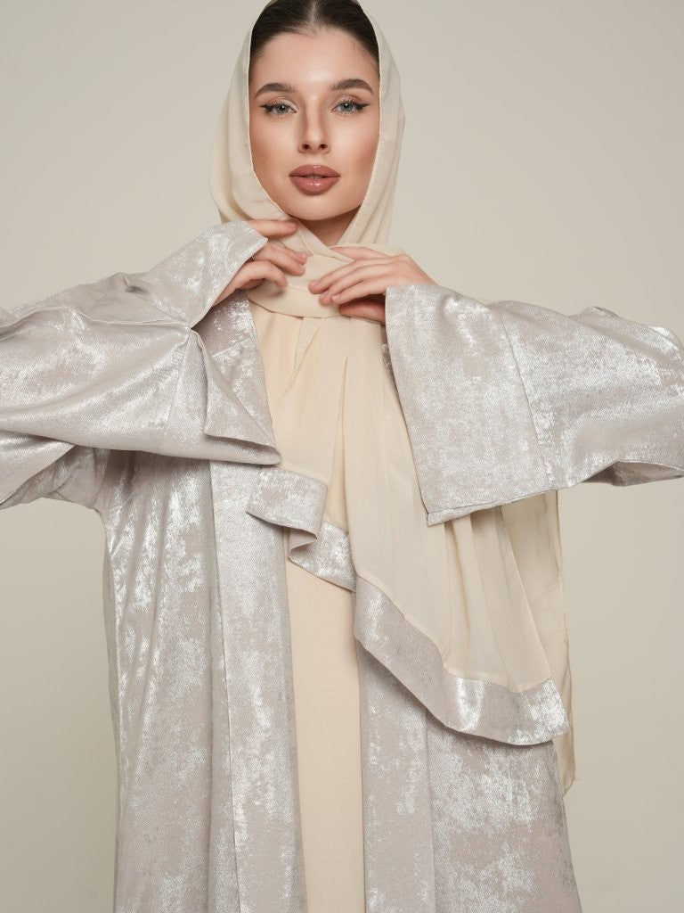 Shimmering Silver Abaya with Flowing Elegance