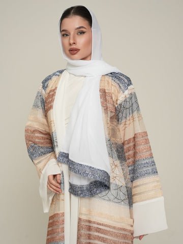 Elegant Striped Open Abaya with Blue and Beige Tones