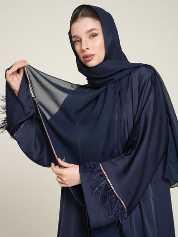 Navy Blue Feather-Trimmed Abaya with Elegant Accents