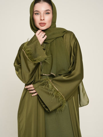 Elegant Olive Green Feather-Trimmed Abaya