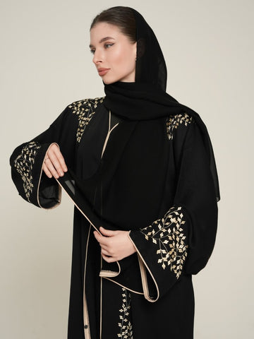 Black Embroidered Abaya with Golden Floral Accents